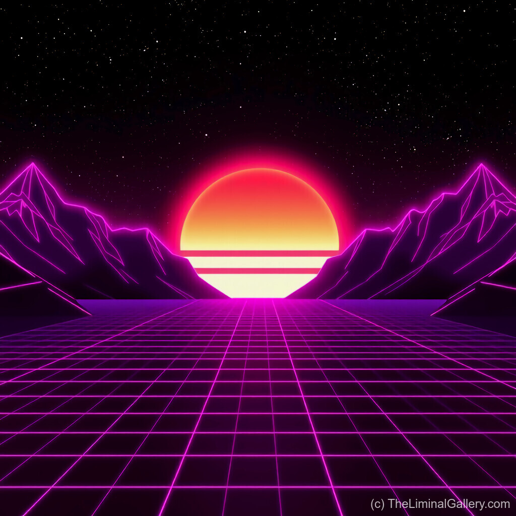 A classic synthwave sunset featuring radiant neon hues and a retro-futuristic aesthetic.